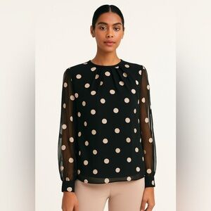 Kate Spade | Black Gold Silk Polka Dot Sheer Sleeve Blouse Top Contemporary FLAW